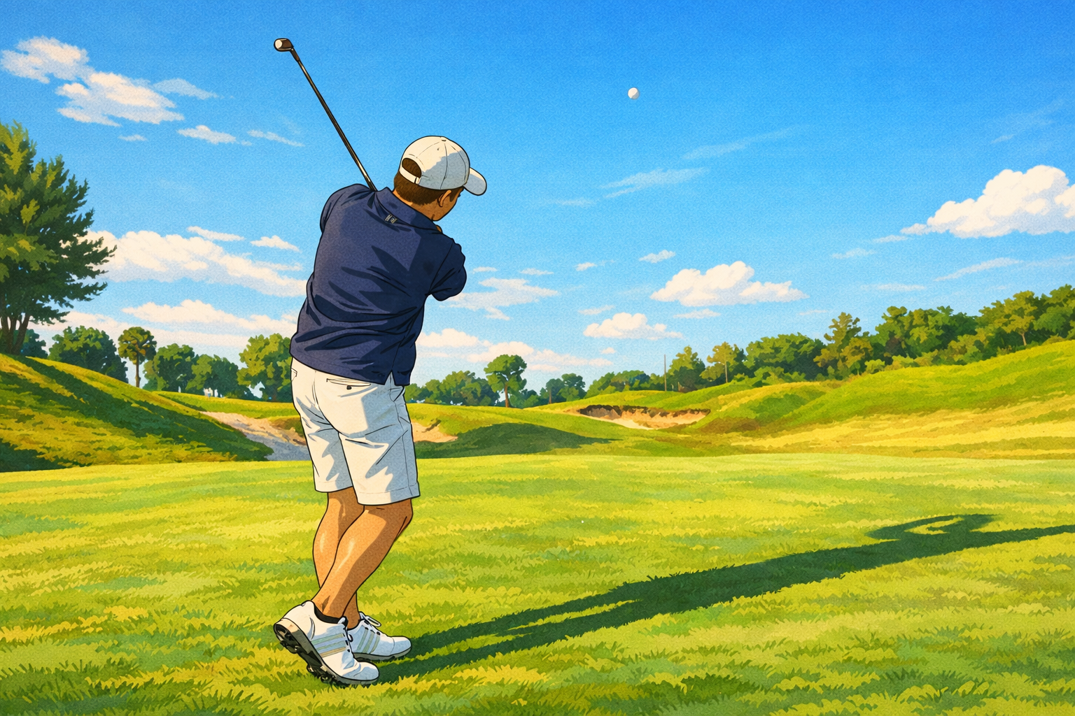 Stylized illustration of a golfer striking an iron shot on a sunlit fairway with rolling hills and blue sky.